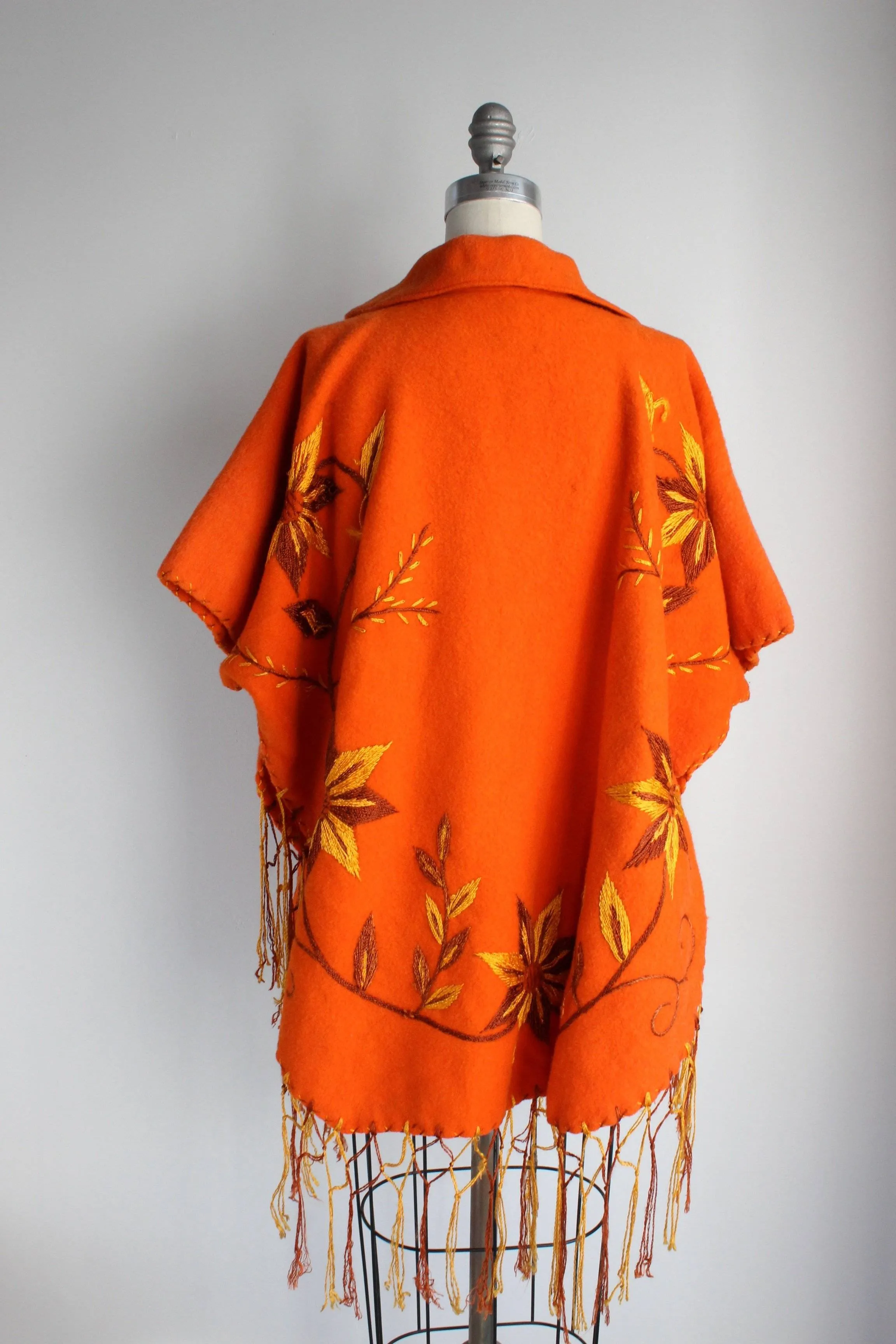 Vintage 1960s Orange Felted Wool Embroidered Poncho