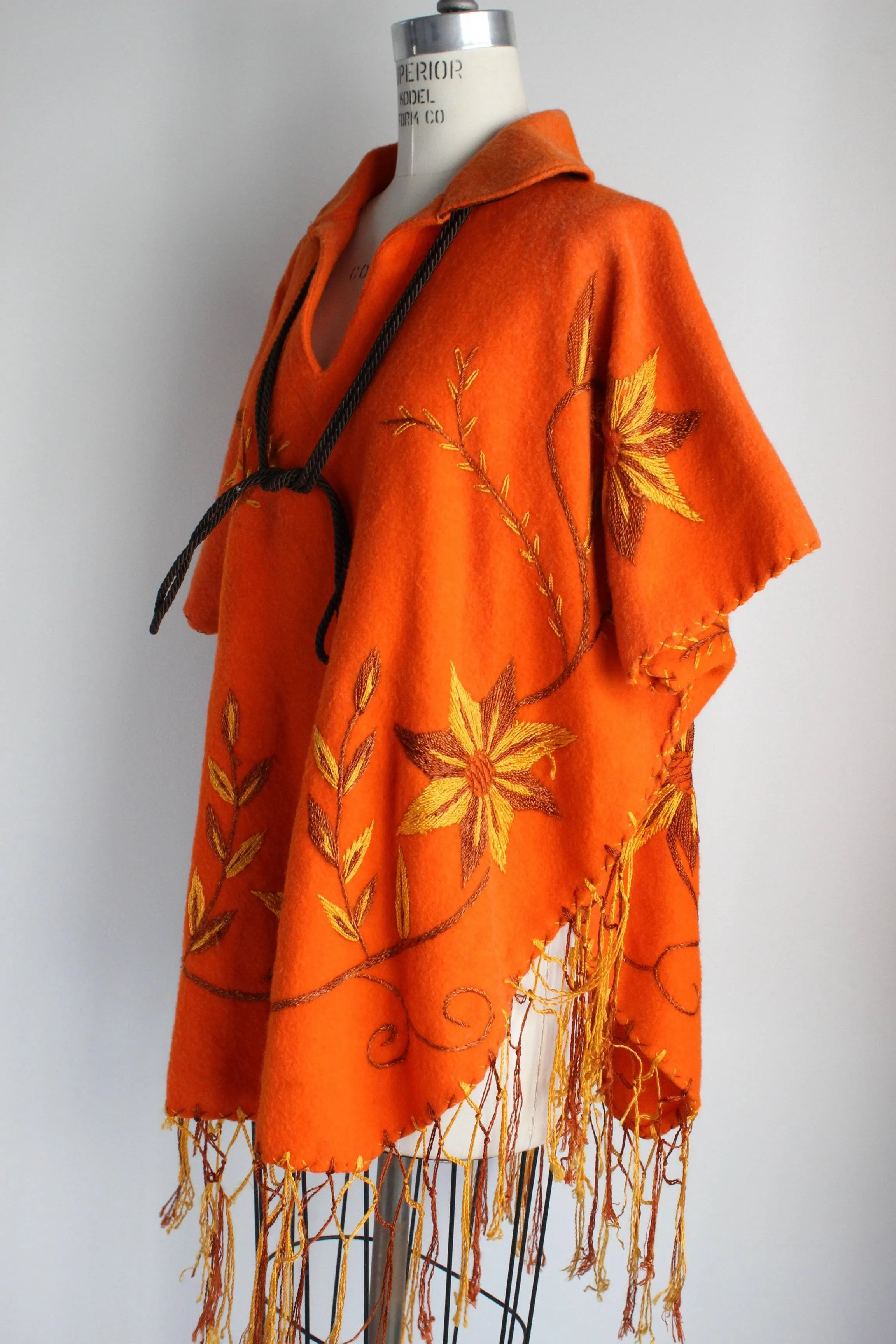 Vintage 1960s Orange Felted Wool Embroidered Poncho