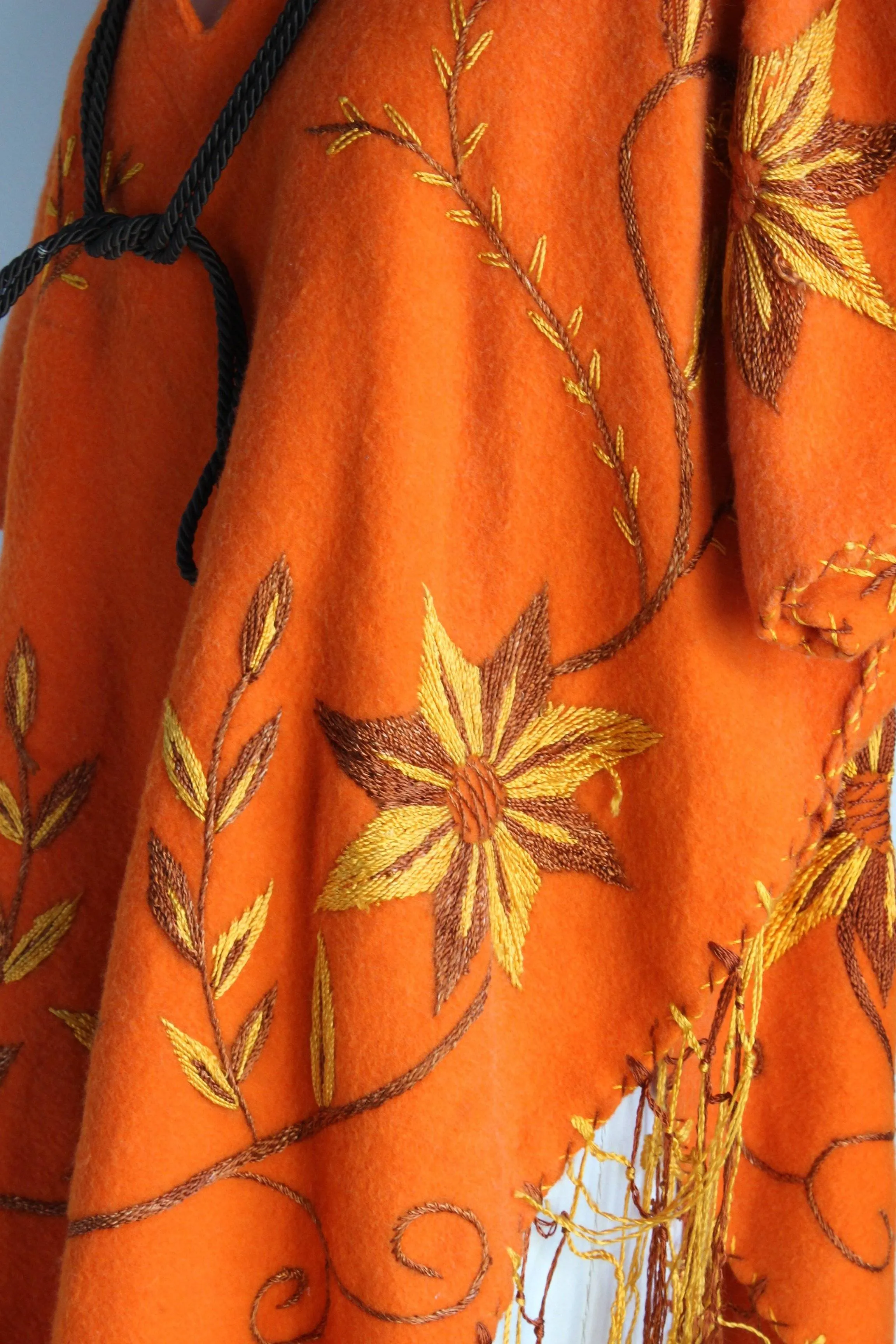 Vintage 1960s Orange Felted Wool Embroidered Poncho