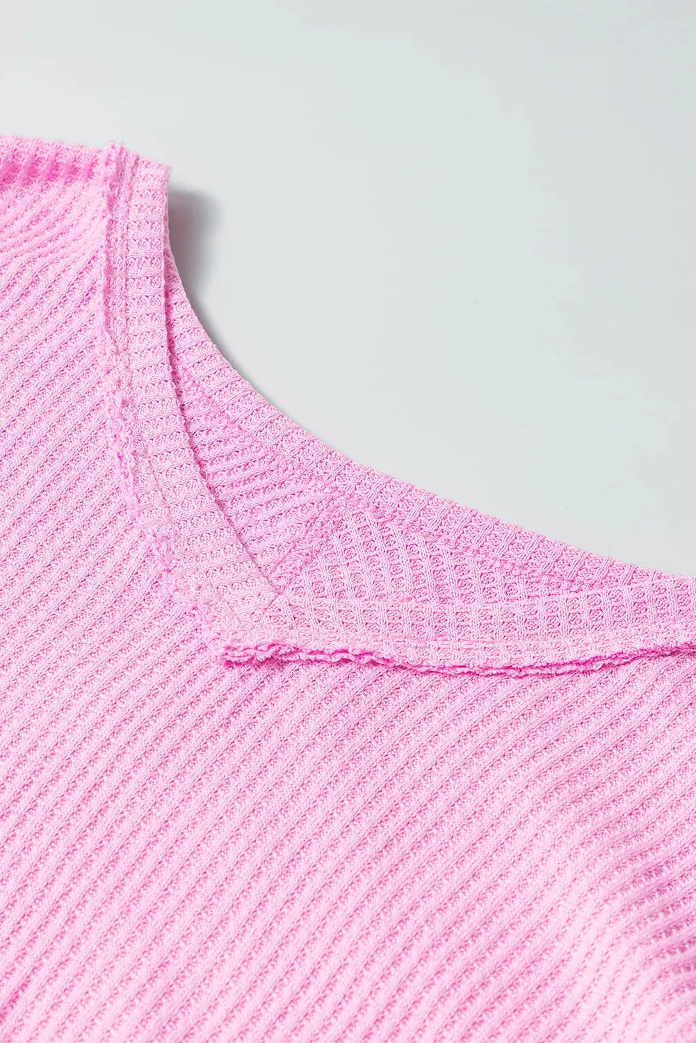 Waffle-Knit V-Neck Long Sleeve Blouse
