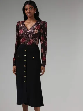 Wardrobe Black Velvet Floral Printed Top
