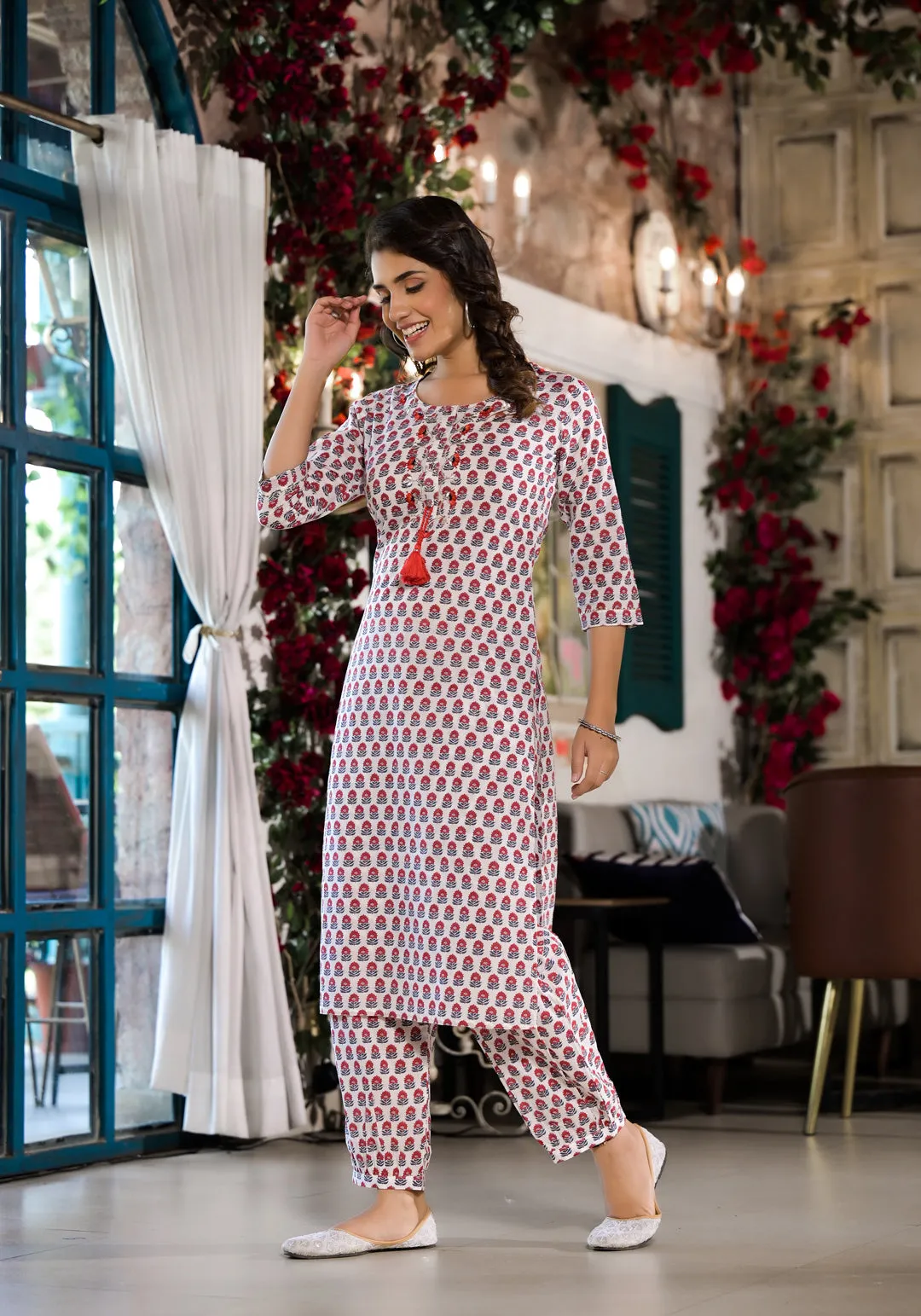 White & Red Floral Printed Cotton Kurta With Trouser