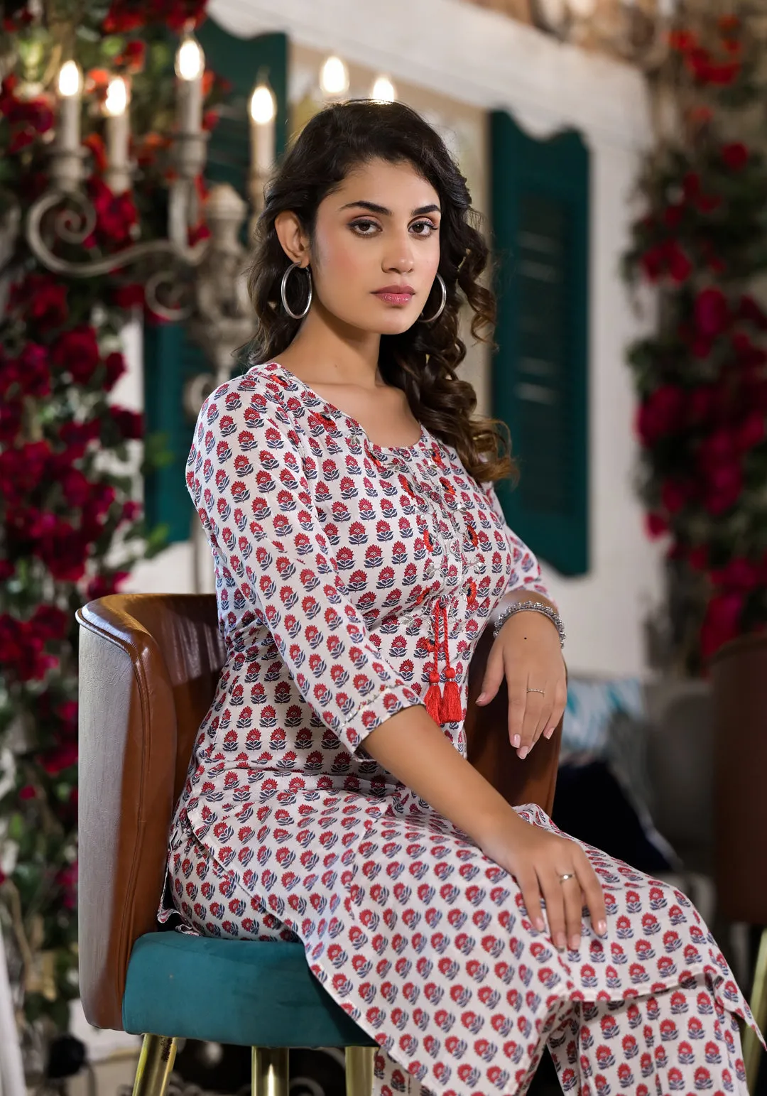 White & Red Floral Printed Cotton Kurta With Trouser