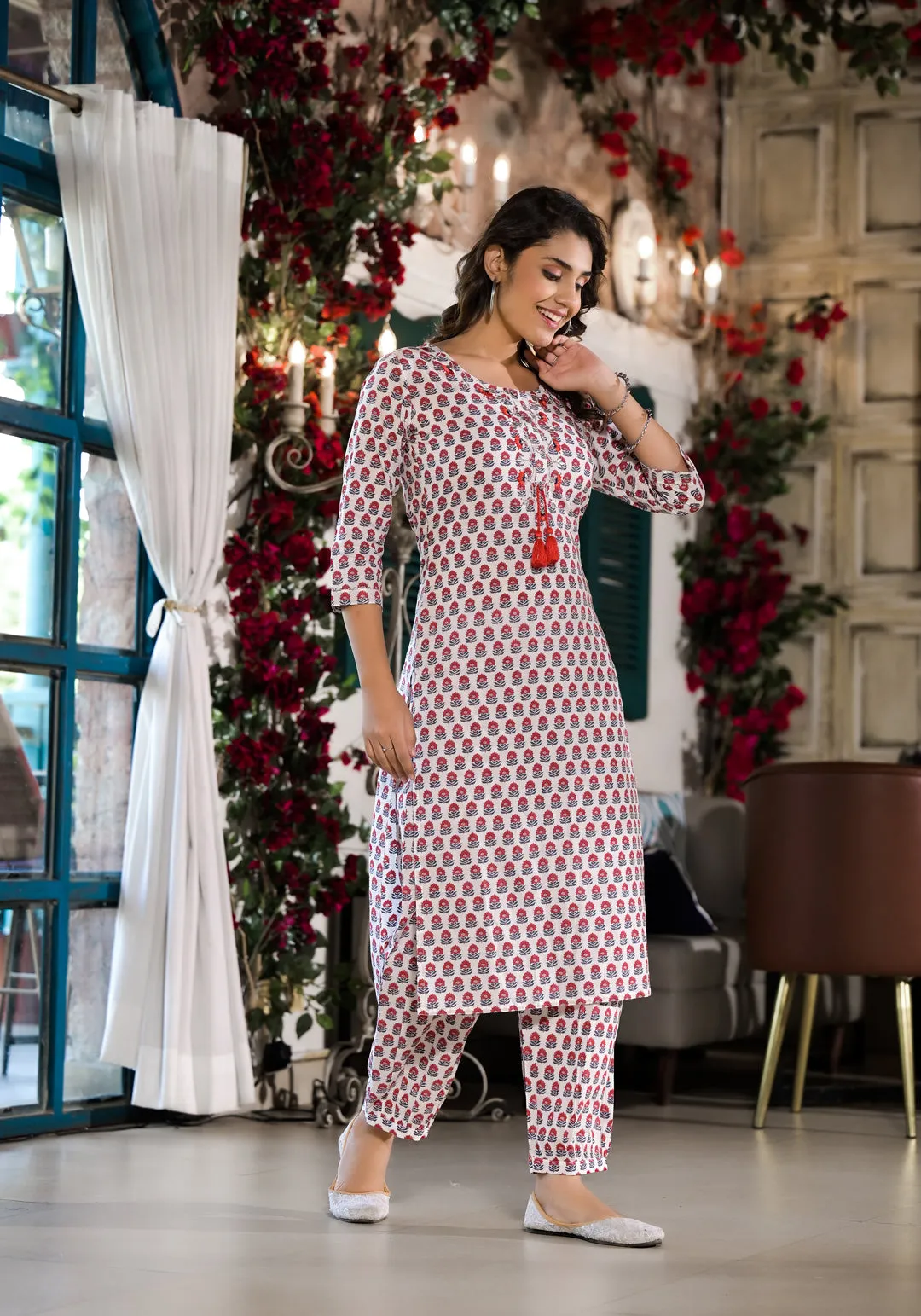 White & Red Floral Printed Cotton Kurta With Trouser