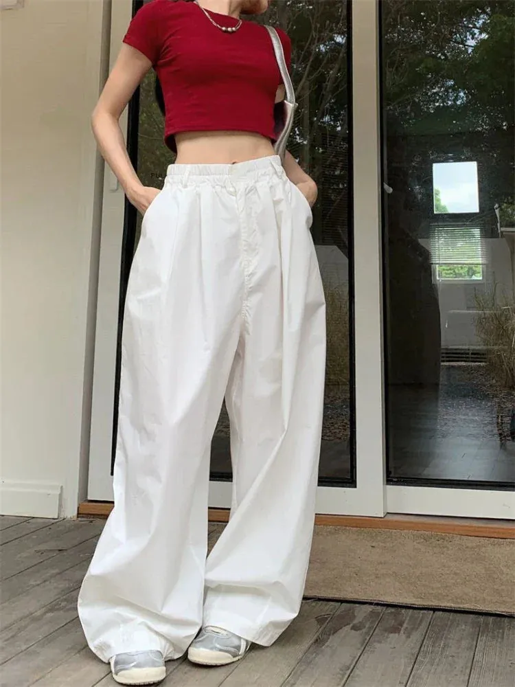 White Baggy Women Streetwear Vintage High Waist Wide Leg Jogging Pants