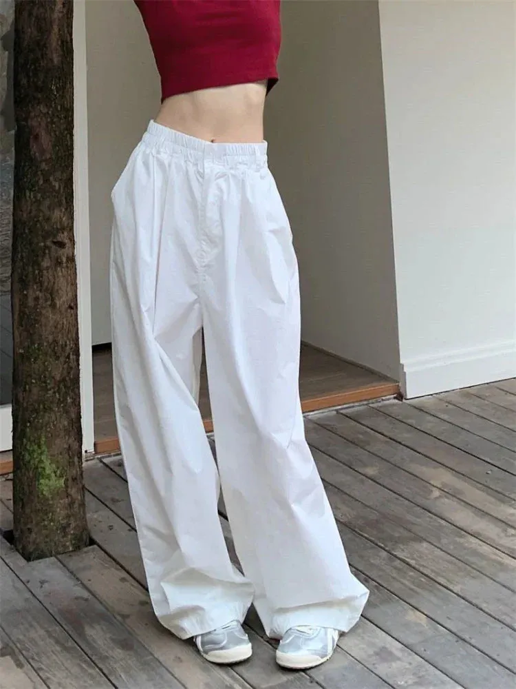 White Baggy Women Streetwear Vintage High Waist Wide Leg Jogging Pants
