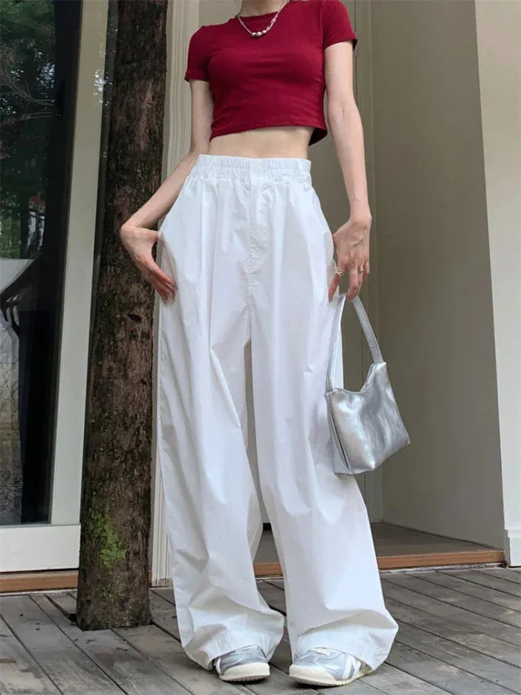 White Baggy Women Streetwear Vintage High Waist Wide Leg Jogging Pants