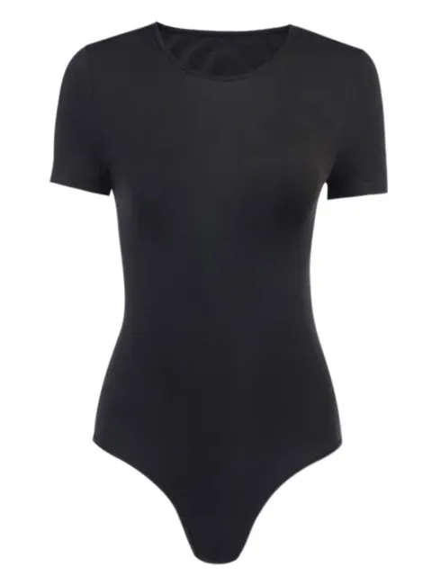 Women backless short sleeve tshirt black bodysuit