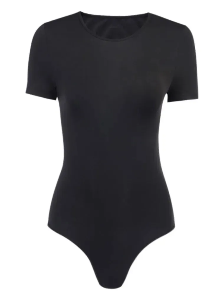 Women backless short sleeve tshirt black bodysuit