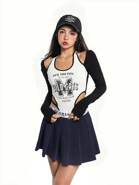 Women White Letter Printed Long Sleeve Black Halter Off-the-shoulder Bodysuits