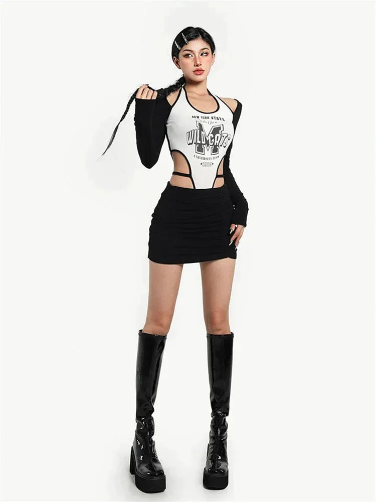 Women White Letter Printed Long Sleeve Black Halter Off-the-shoulder Bodysuits