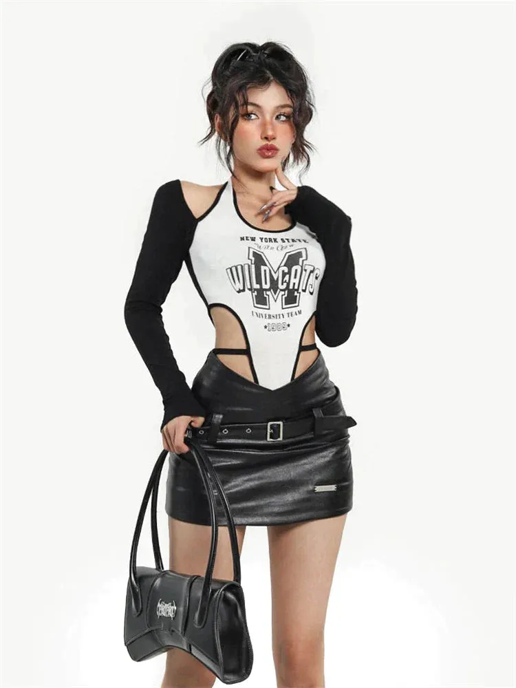 Women White Letter Printed Long Sleeve Black Halter Off-the-shoulder Bodysuits