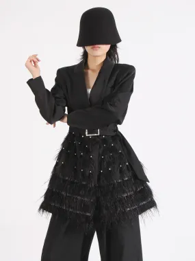 Women Woven Long Sleeve Patchwork Feather Formal Dress