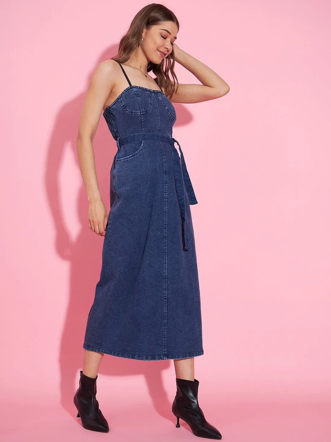 Women's Denim Corset Style Padded Maxi Dress - StyleStone