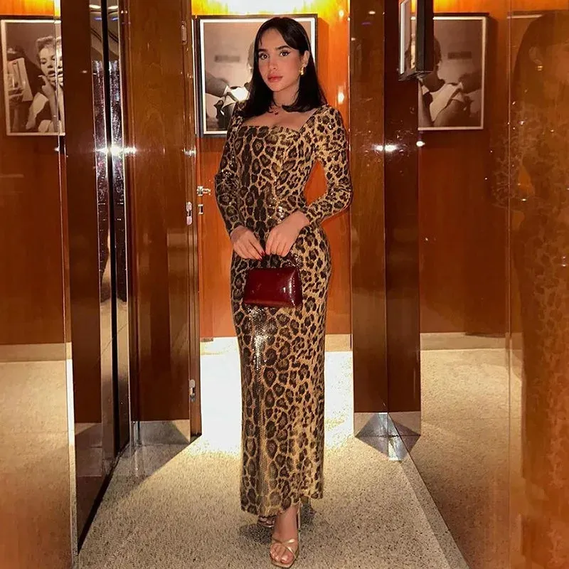 Women's Leopard Print Sequins Split Bodycon Dress