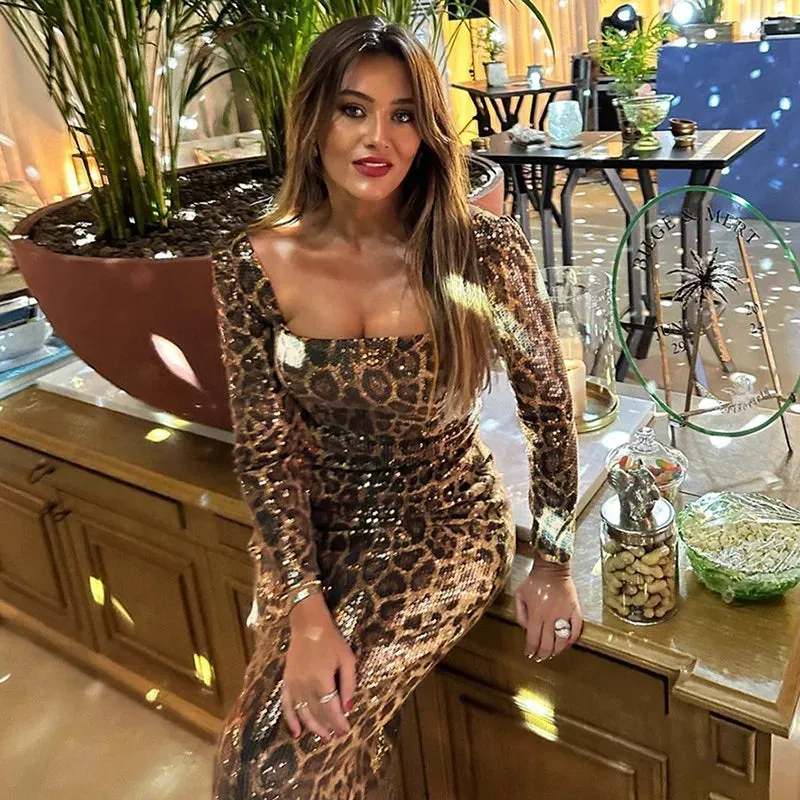 Women's Leopard Print Sequins Split Bodycon Dress