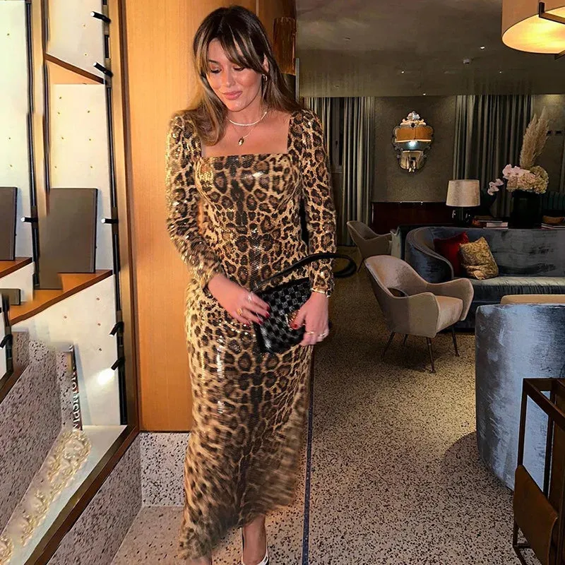 Women's Leopard Print Sequins Split Bodycon Dress