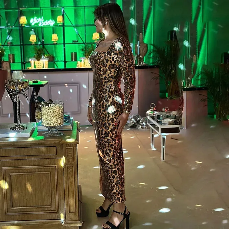 Women's Leopard Print Sequins Split Bodycon Dress