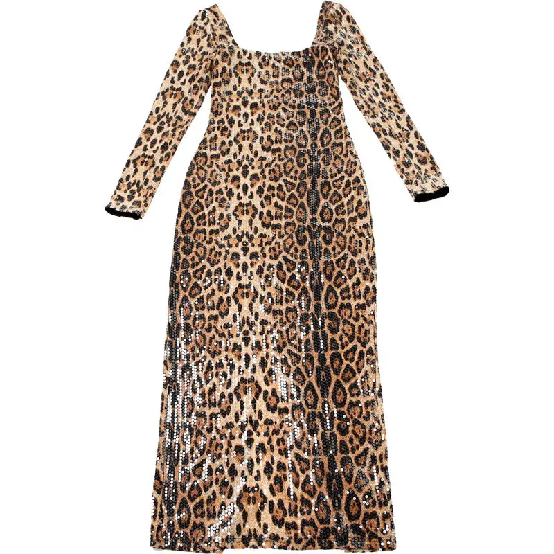 Women's Leopard Print Sequins Split Bodycon Dress