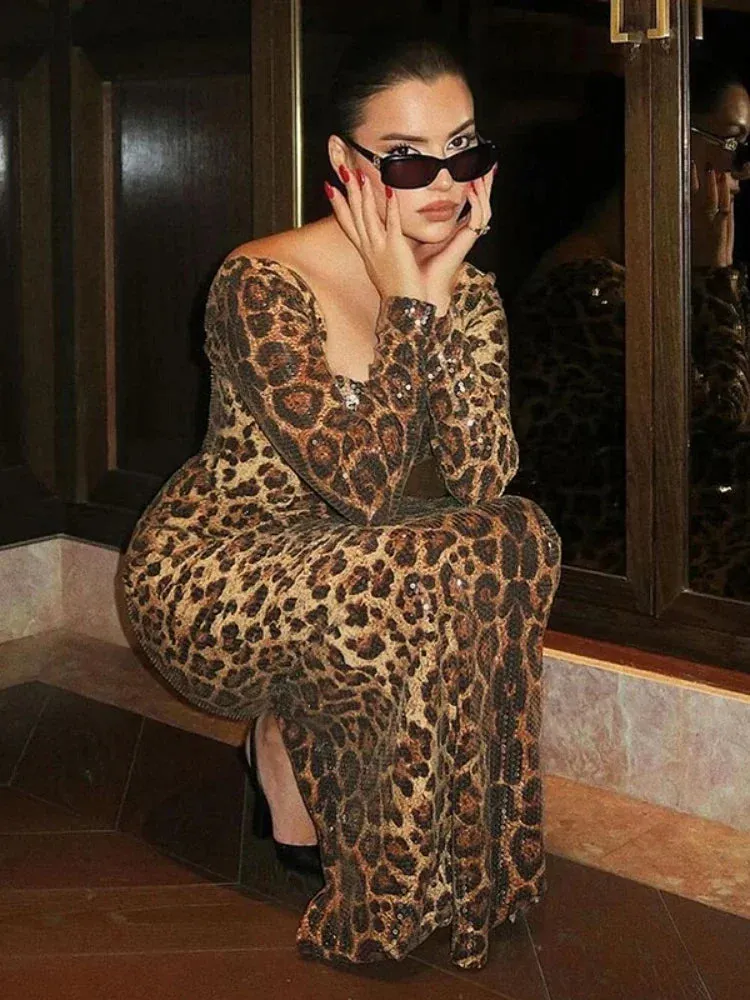 Women's Leopard Print Sequins Split Bodycon Dress
