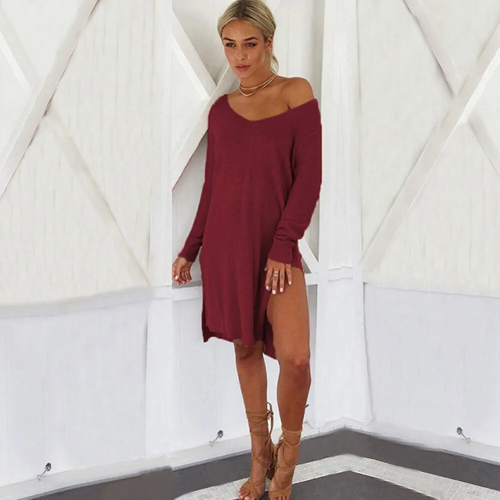 Women's Solid O-Neck Strapless Long Sleeve Pullover Split Dress