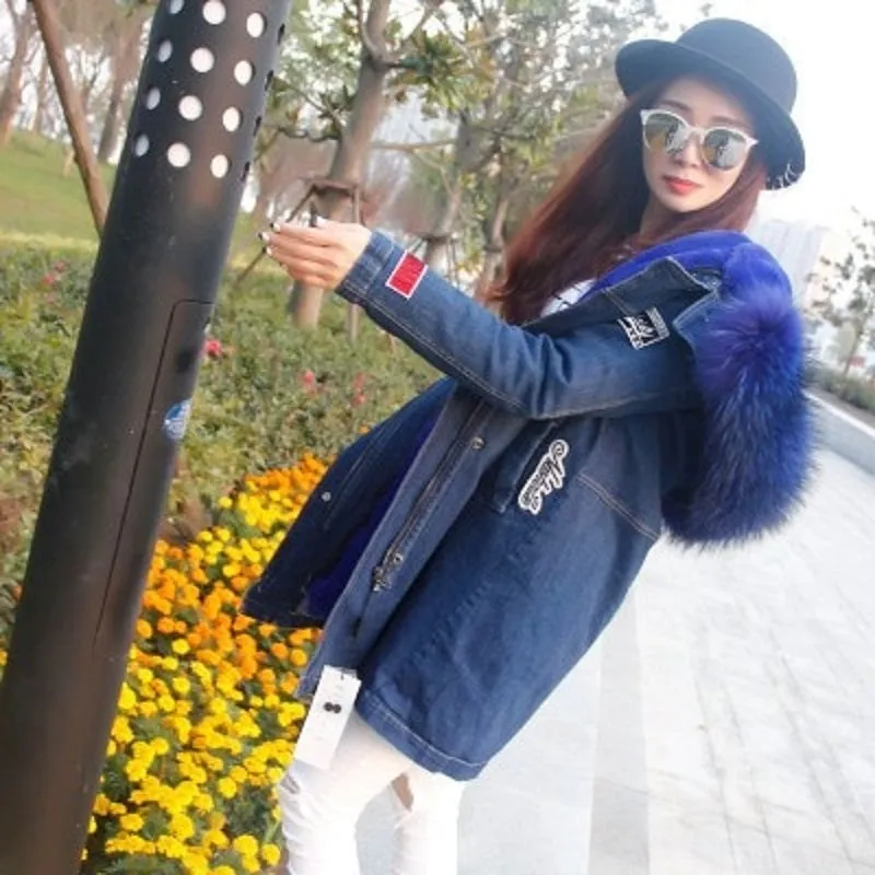Women's Winter Casual Denim Slim Thick Parka With Raccoon Fur