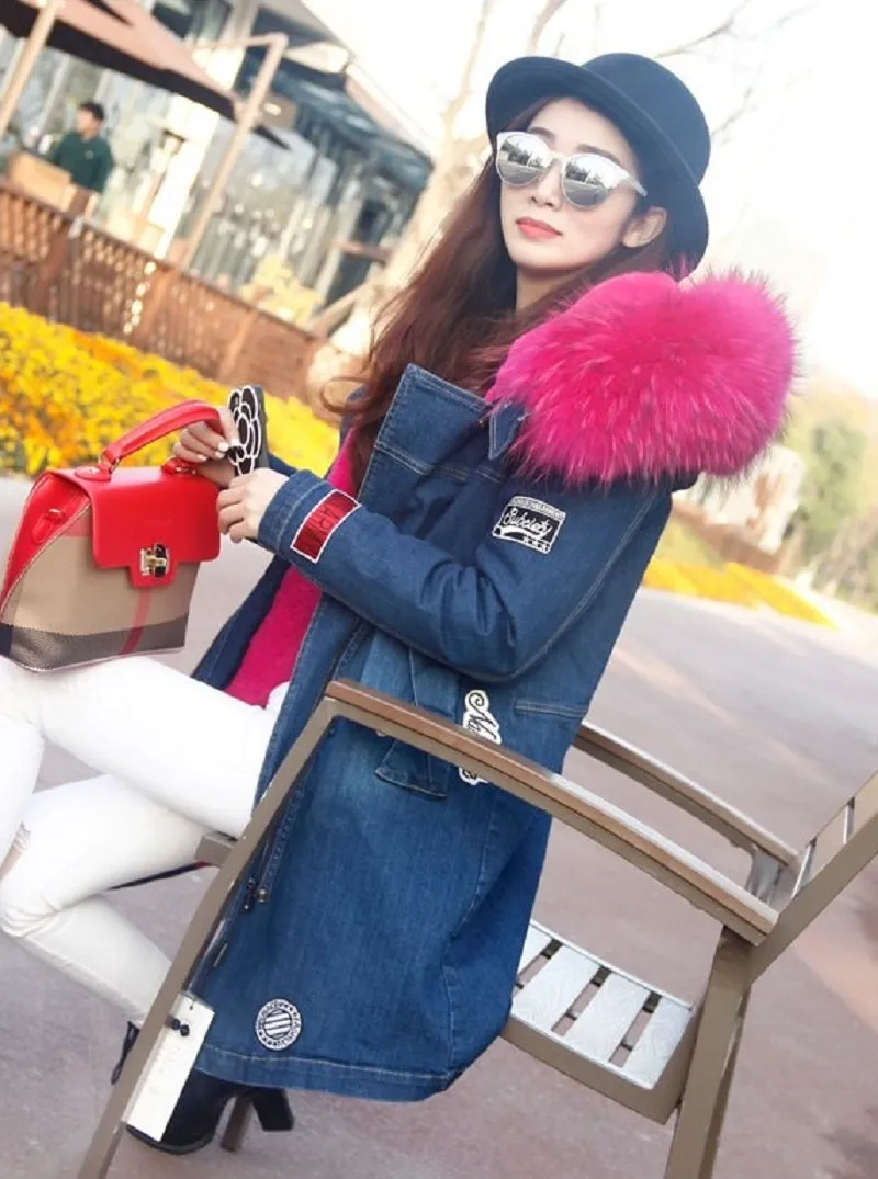 Women's Winter Casual Denim Slim Thick Parka With Raccoon Fur