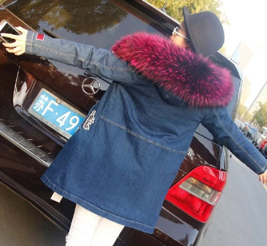Women's Winter Casual Denim Slim Thick Parka With Raccoon Fur