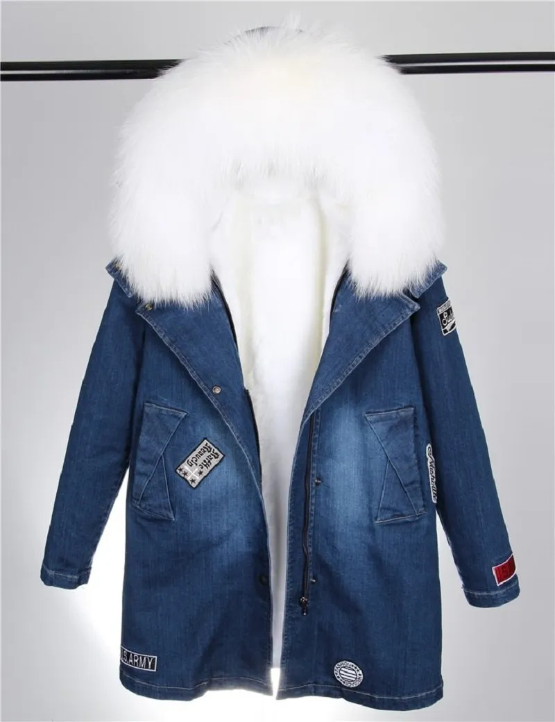 Women's Winter Casual Denim Slim Thick Parka With Raccoon Fur