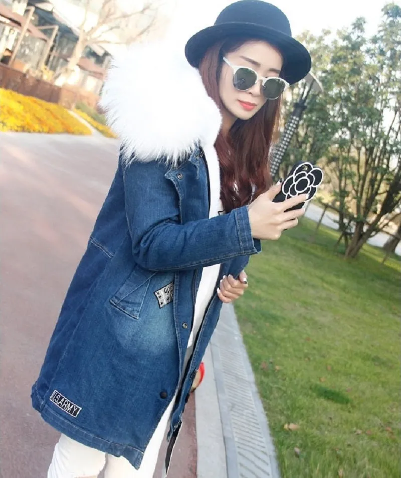 Women's Winter Casual Denim Slim Thick Parka With Raccoon Fur