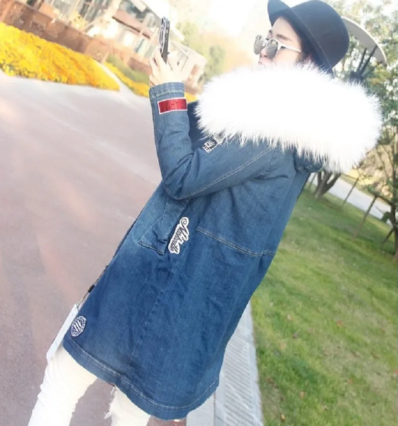 Women's Winter Casual Denim Slim Thick Parka With Raccoon Fur