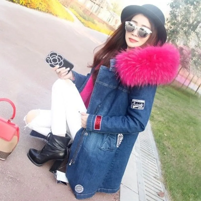 Women's Winter Casual Denim Slim Thick Parka With Raccoon Fur