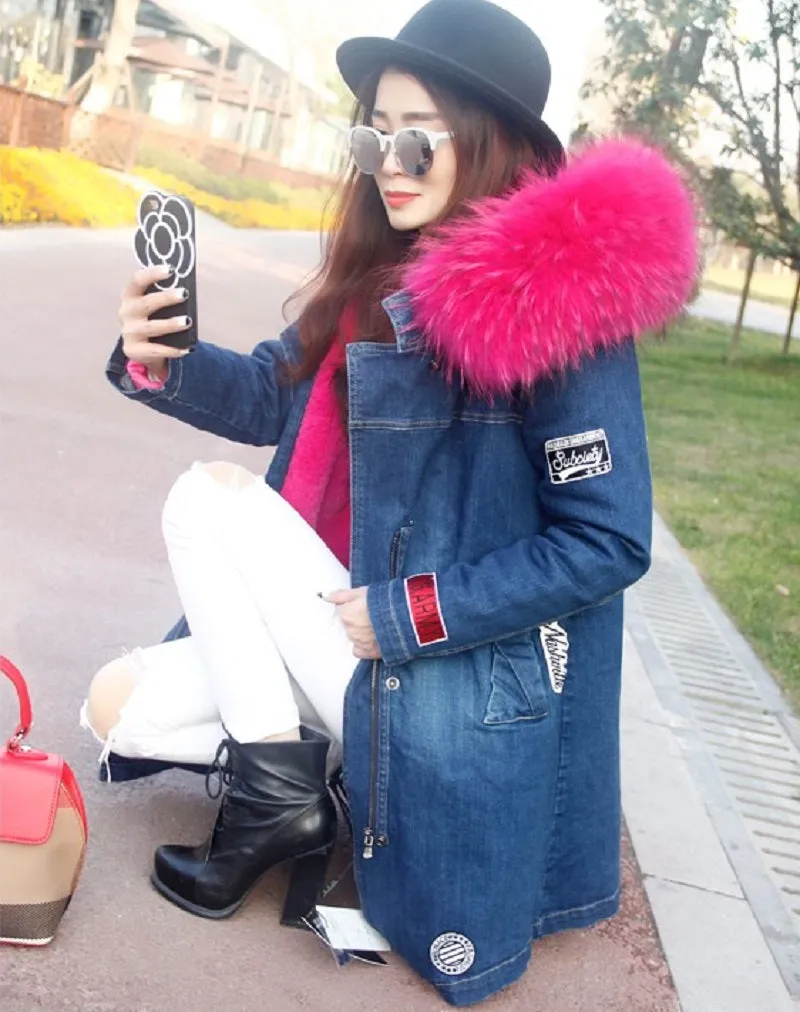 Women's Winter Casual Denim Slim Thick Parka With Raccoon Fur