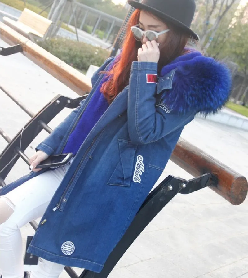 Women's Winter Casual Denim Slim Thick Parka With Raccoon Fur