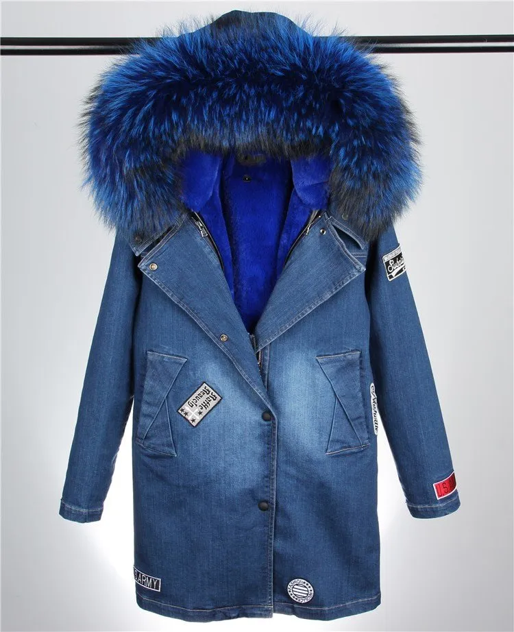 Women's Winter Casual Denim Slim Thick Parka With Raccoon Fur