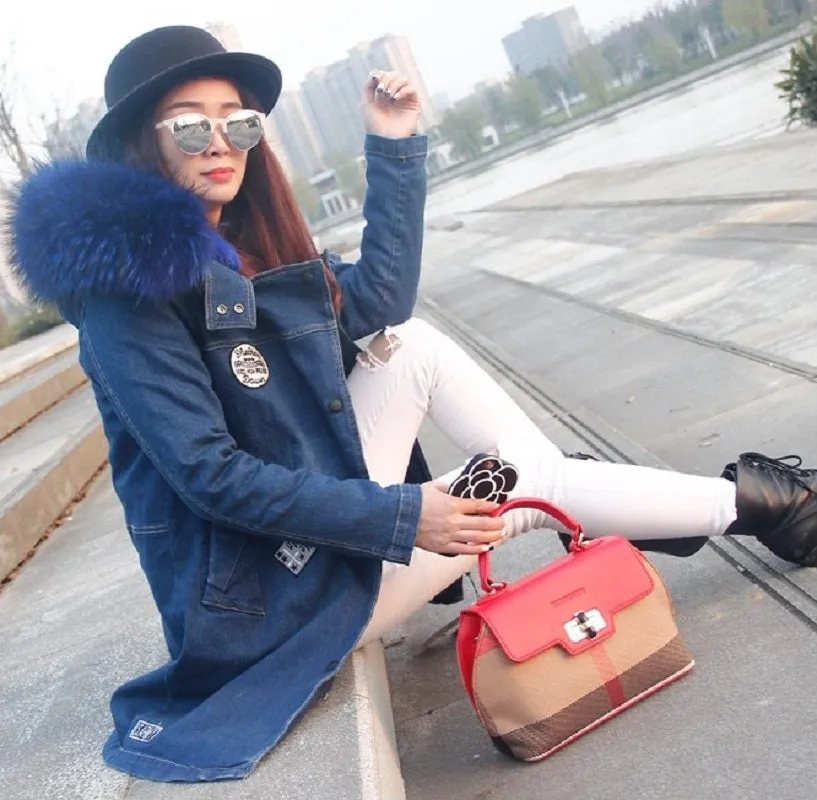 Women's Winter Casual Denim Slim Thick Parka With Raccoon Fur