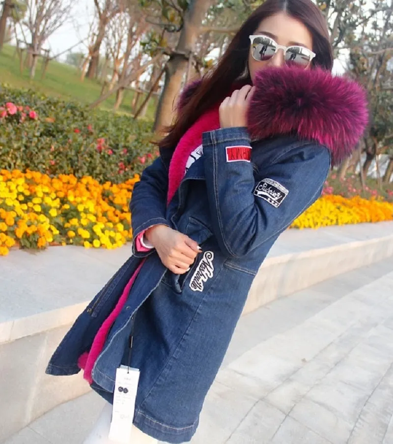 Women's Winter Casual Denim Slim Thick Parka With Raccoon Fur