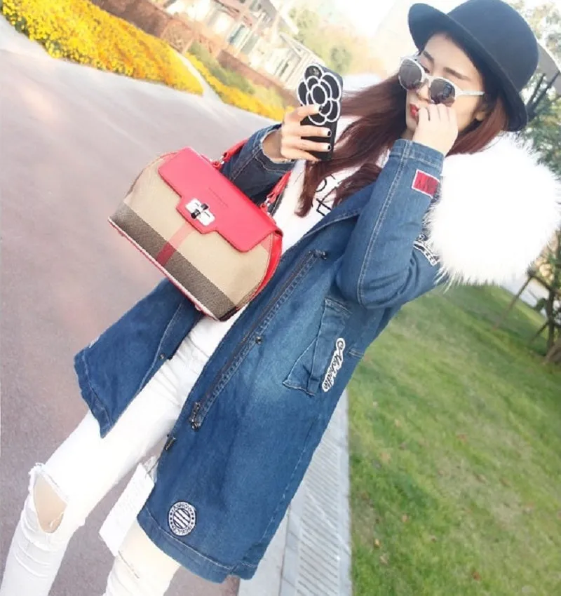 Women's Winter Casual Denim Slim Thick Parka With Raccoon Fur