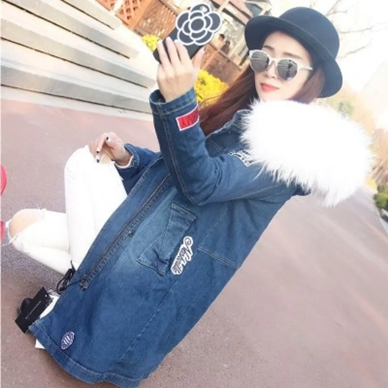 Women's Winter Casual Denim Slim Thick Parka With Raccoon Fur