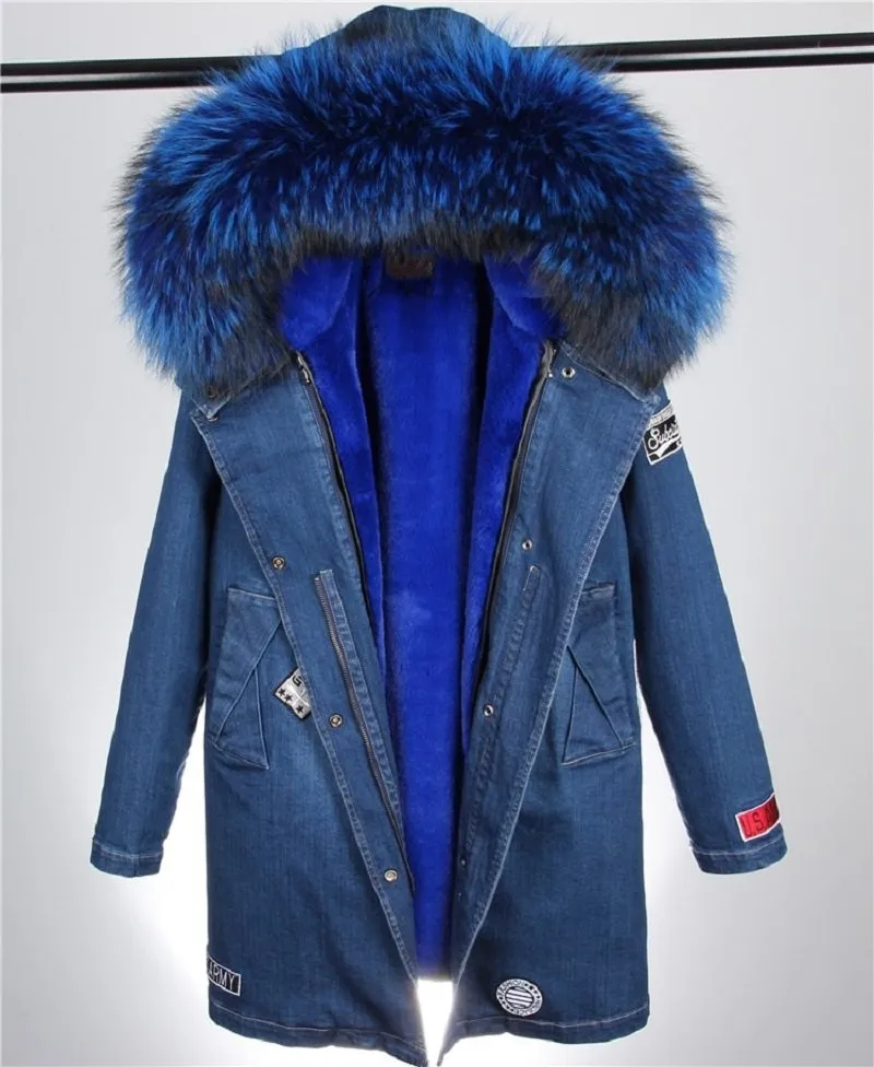 Women's Winter Casual Denim Slim Thick Parka With Raccoon Fur