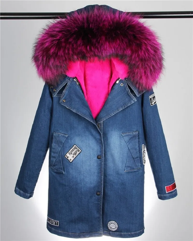 Women's Winter Casual Denim Slim Thick Parka With Raccoon Fur