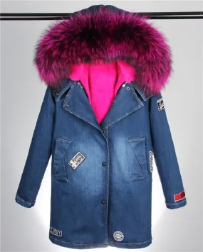 Women's Winter Casual Denim Slim Thick Parka With Raccoon Fur