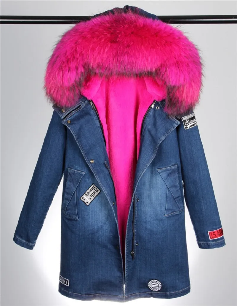 Women's Winter Casual Denim Slim Thick Parka With Raccoon Fur