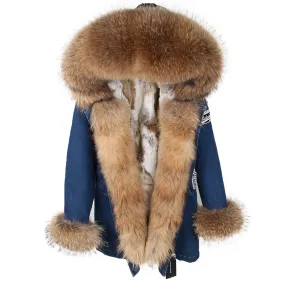 Women's Winter Casual Denim Thick Slim Parka With Raccoon Fur