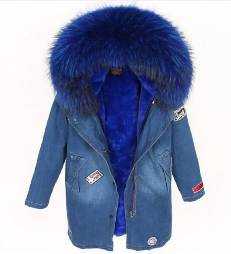 Women's Winter Casual Denim Thick Slim Parka With Raccoon Fur