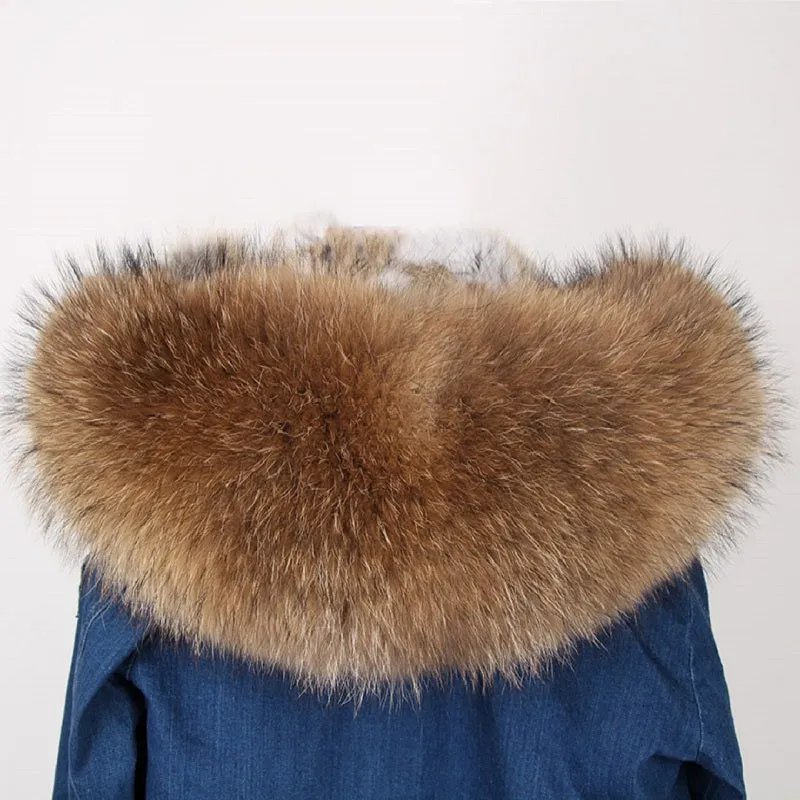Women's Winter Casual Denim Thick Slim Parka With Raccoon Fur