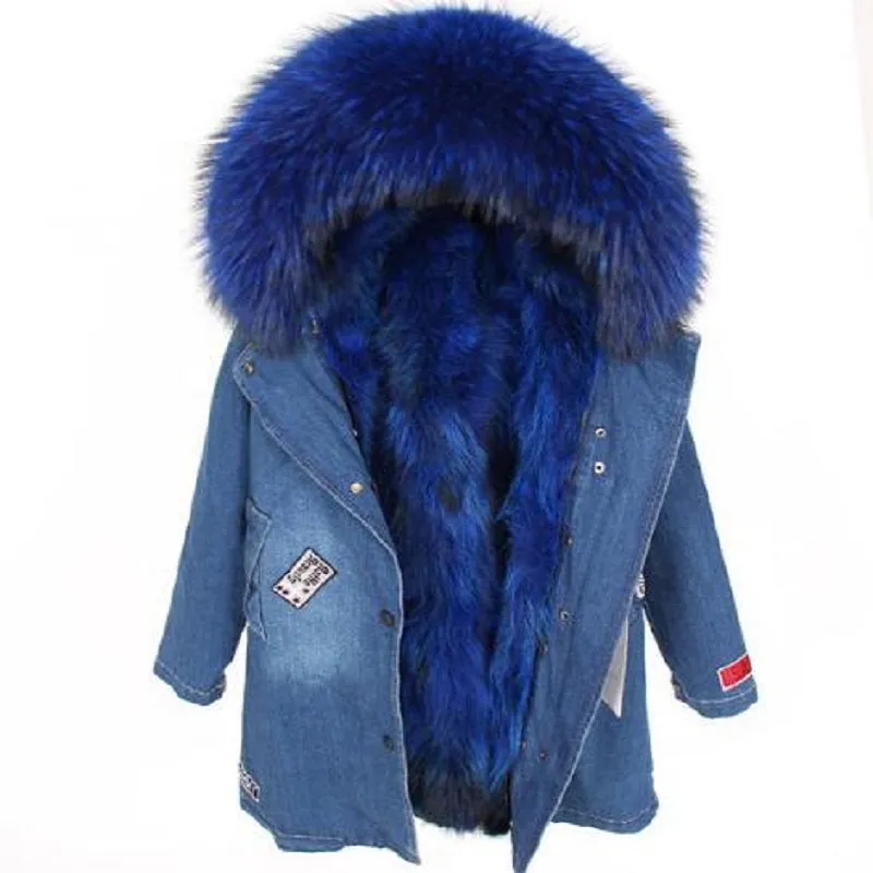 Women's Winter Casual Denim Thick Slim Parka With Raccoon Fur
