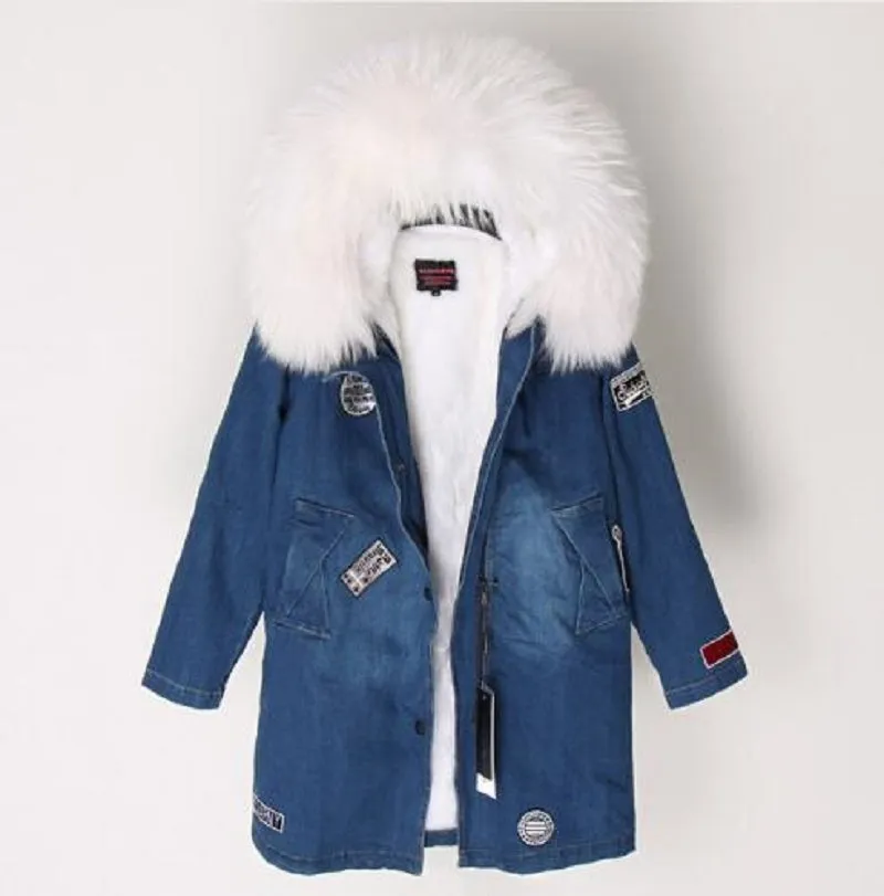 Women's Winter Casual Denim Thick Slim Parka With Raccoon Fur