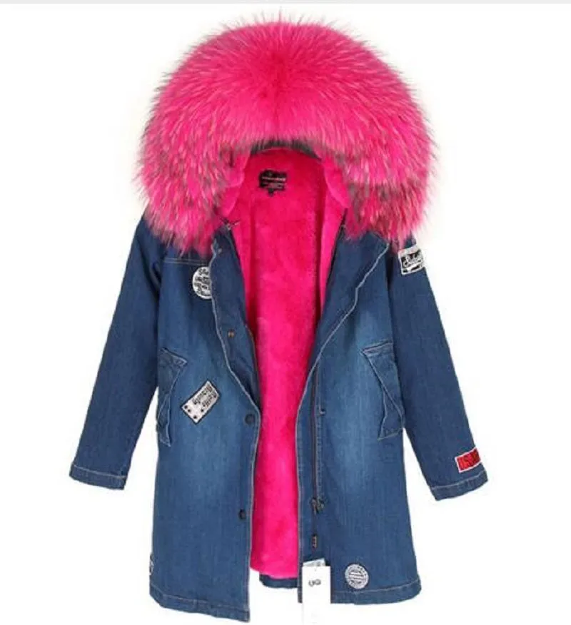 Women's Winter Casual Denim Thick Slim Parka With Raccoon Fur
