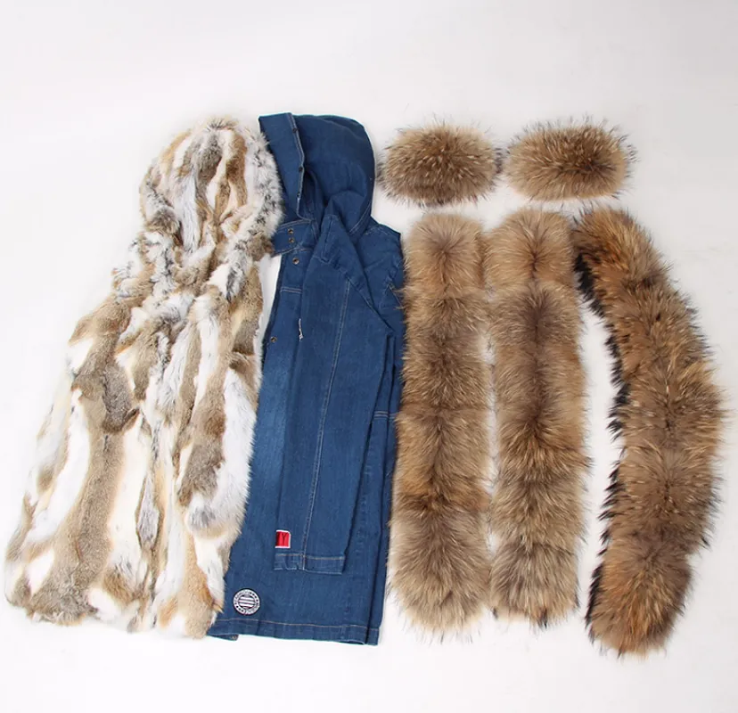 Women's Winter Casual Denim Thick Slim Parka With Raccoon Fur